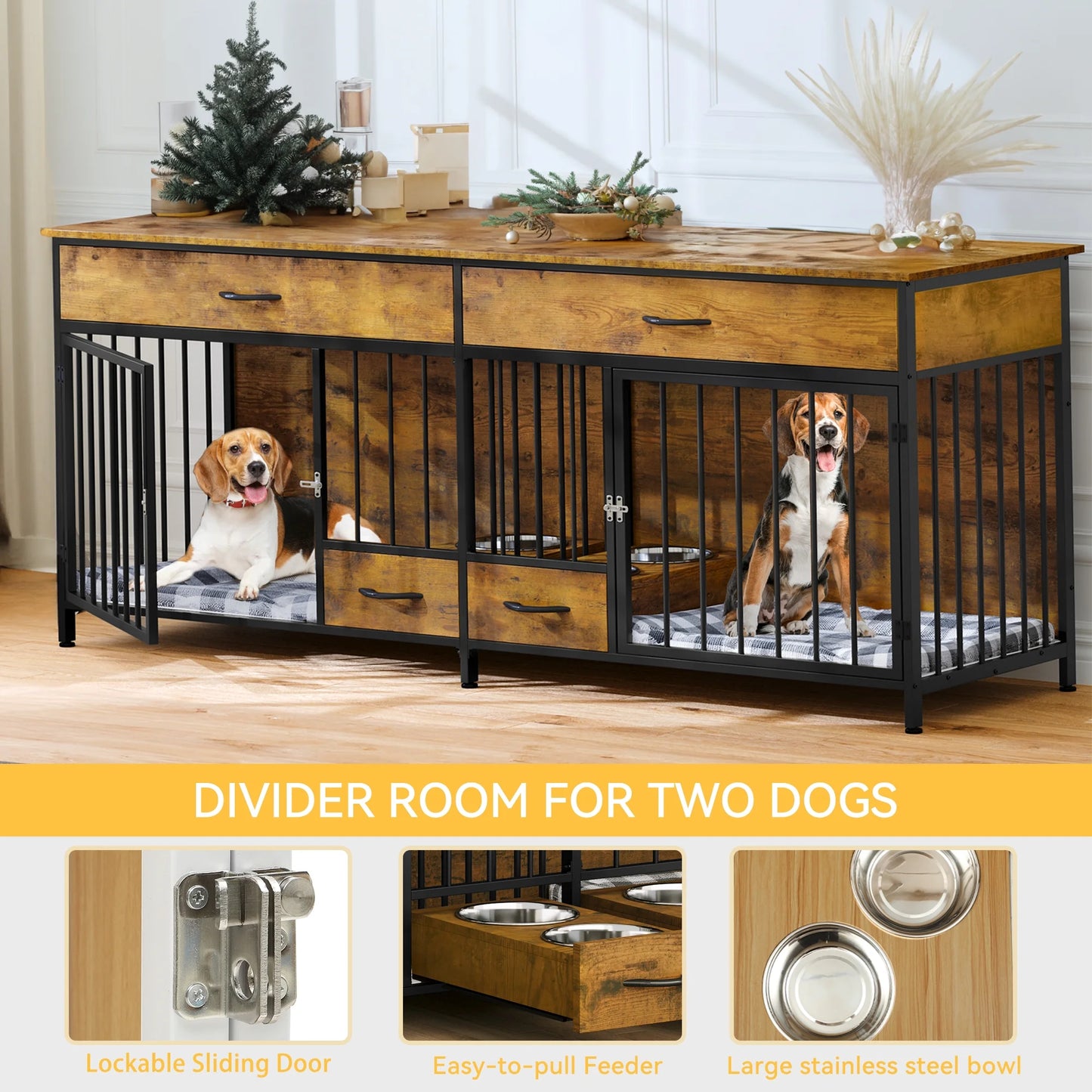 74.8" Oskar Double Dog Crate Furniture For 2 Dogs