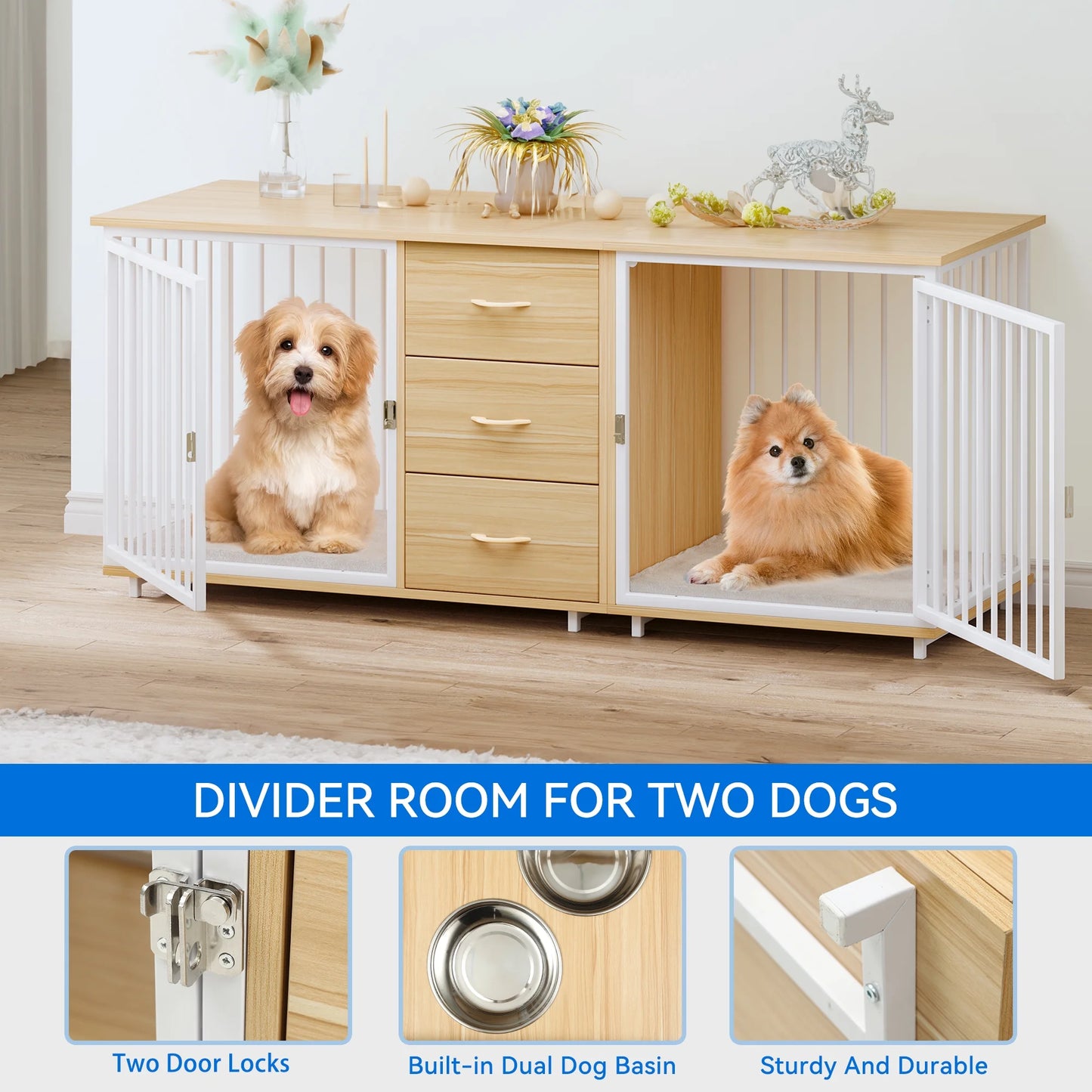 74.4" Koch Double Dog Crate Furniture For 2 Dogs