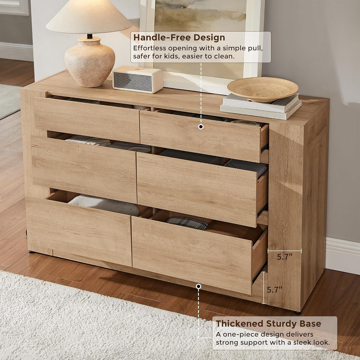 Modern 6 Drawers Dresser, 54” Wide Chest of Drawers with Handleless - Canva Home
