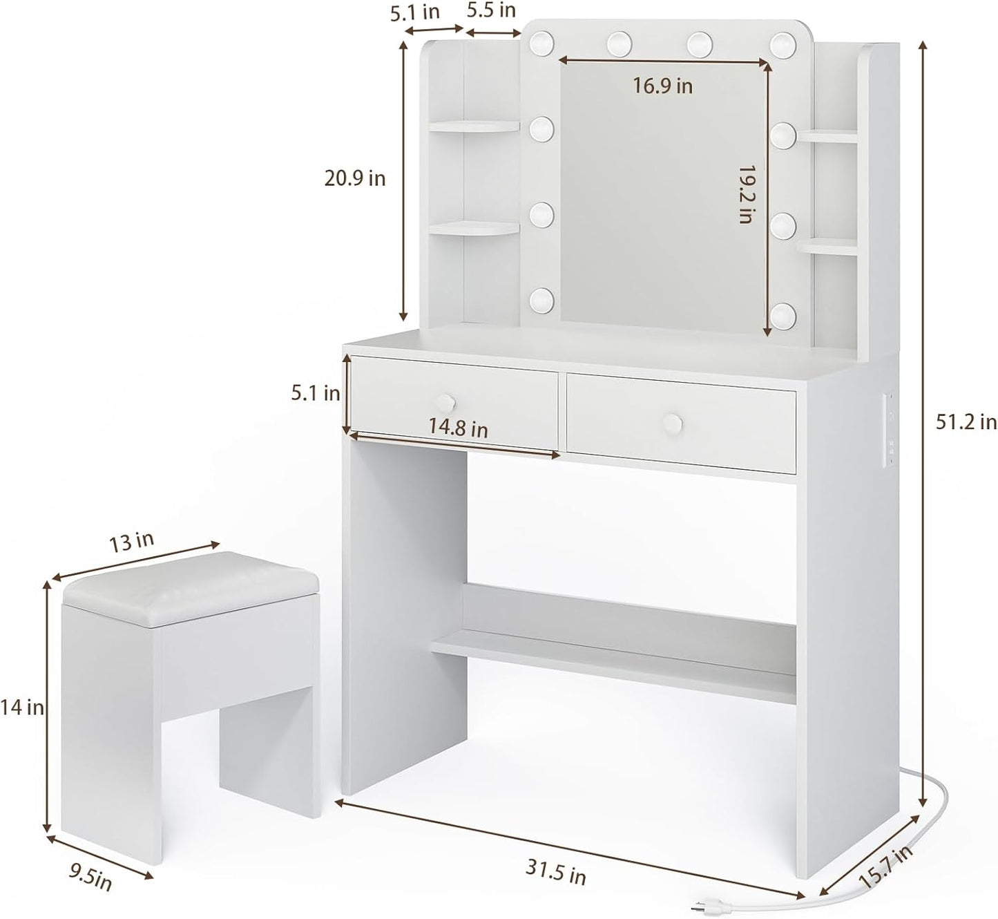 Haewon White Vanity Desk with Mirror and Lights - Canva Home