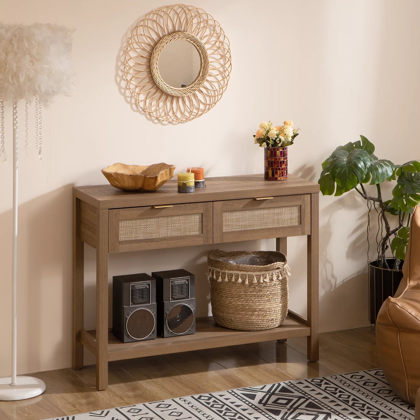 Zaki Rattan Narrow Entryway Table With Storage