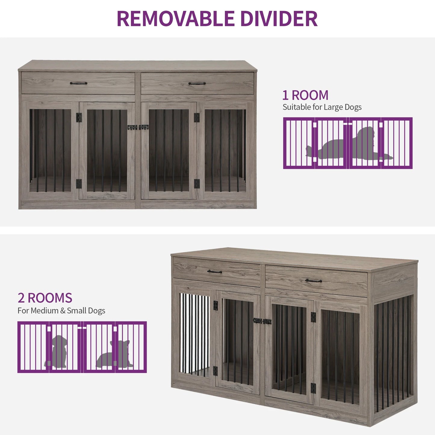 60.2" Rita Double Dog Crate Furniture For 2 Dogs