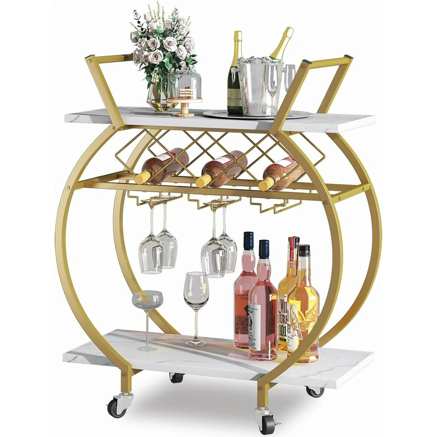 Gold Metal Rolling Beverage Bar Cart