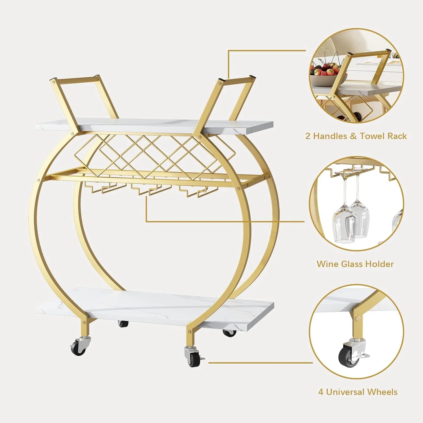 Gold Metal Rolling Beverage Bar Cart