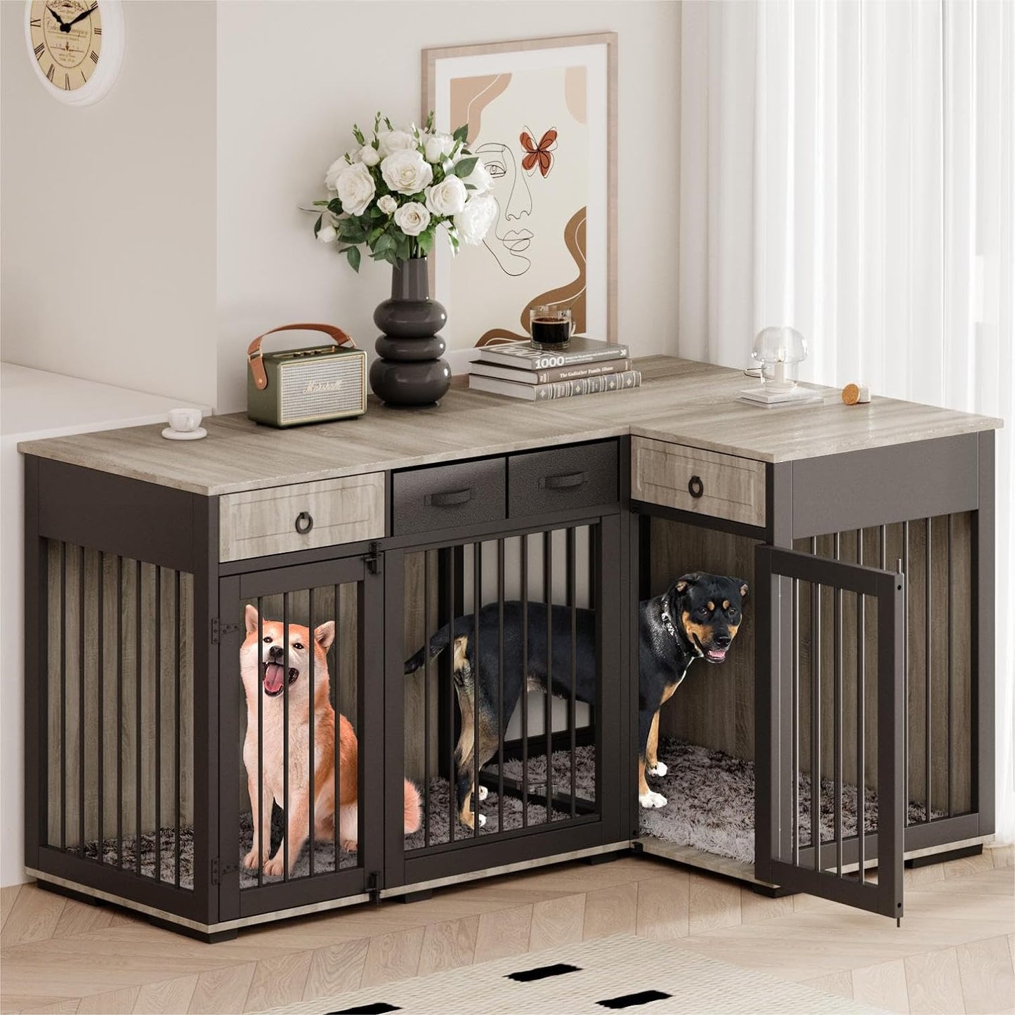 85.4" Rustic Double Dog Crate Furniture For 2 Dogs