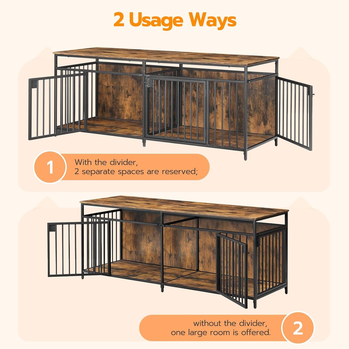 62.9" Scott Double Dog Crate Furniture For 2 Dogs