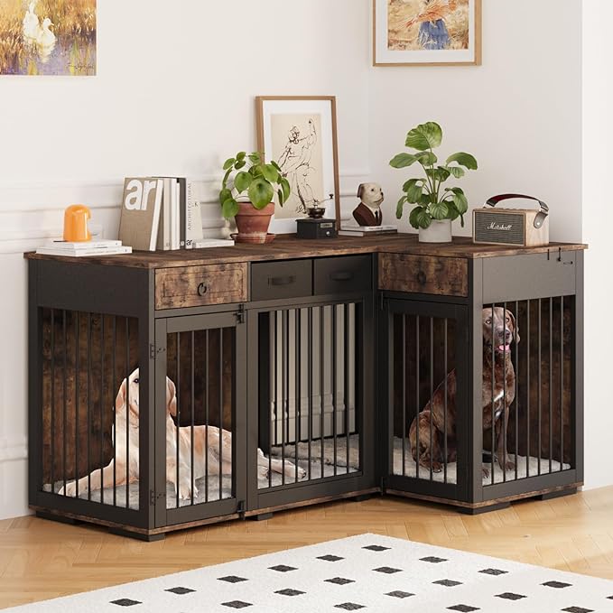 85.4" Rustic Double Dog Crate Furniture For 2 Dogs