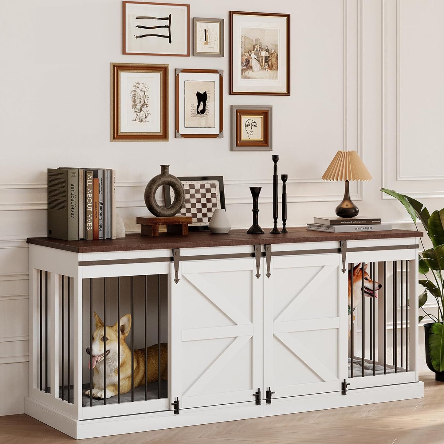 71" Farmhouse Double Dog Crate Furniture For 2 Dogs