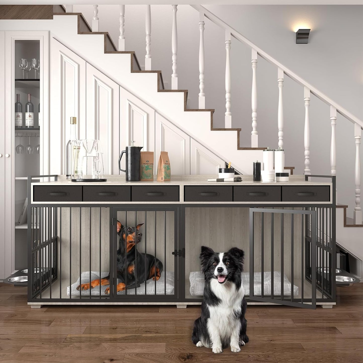 86.6" Ross Double Dog Crate Furniture For 2 Dogs