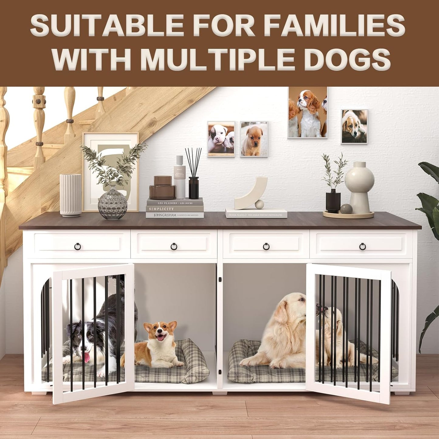 86.6" Elle Double Dog Crate Furniture For 2 Dogs