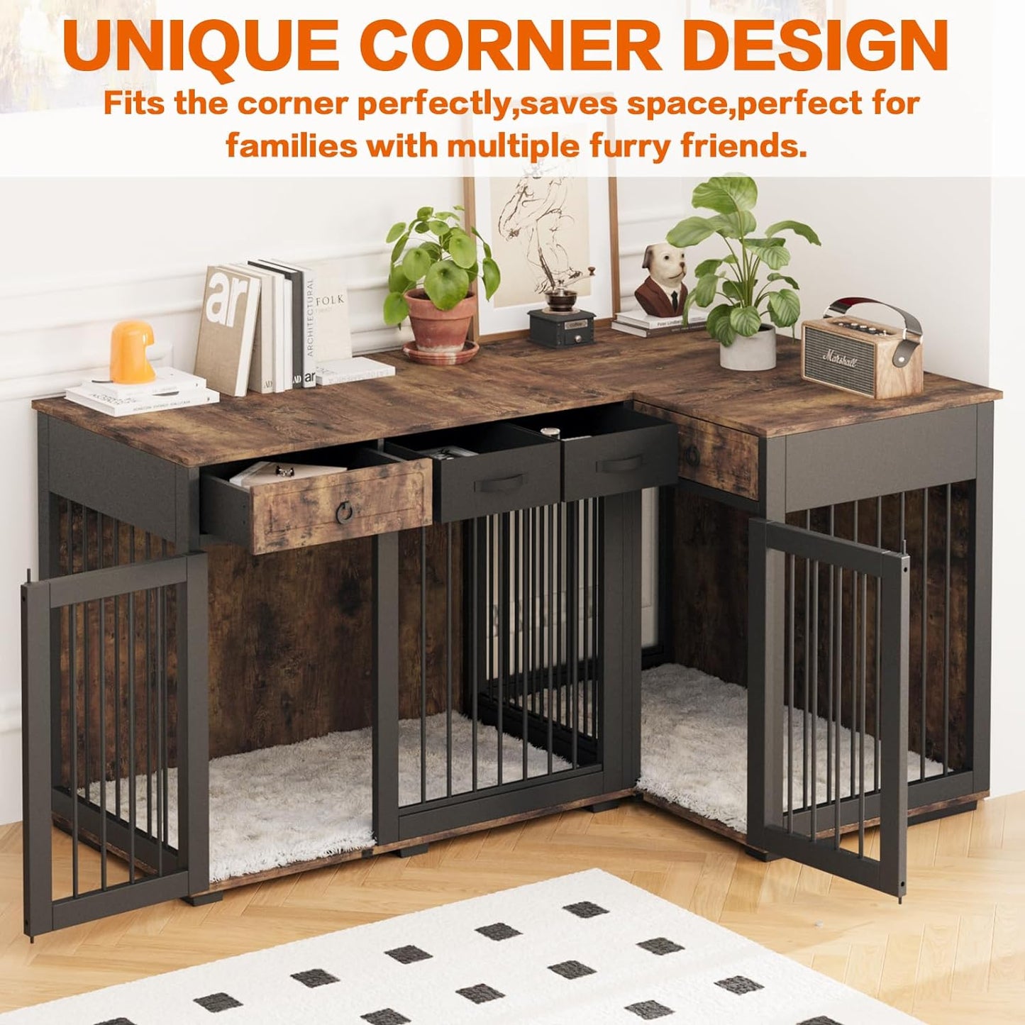 85.4" Rustic Double Dog Crate Furniture For 2 Dogs