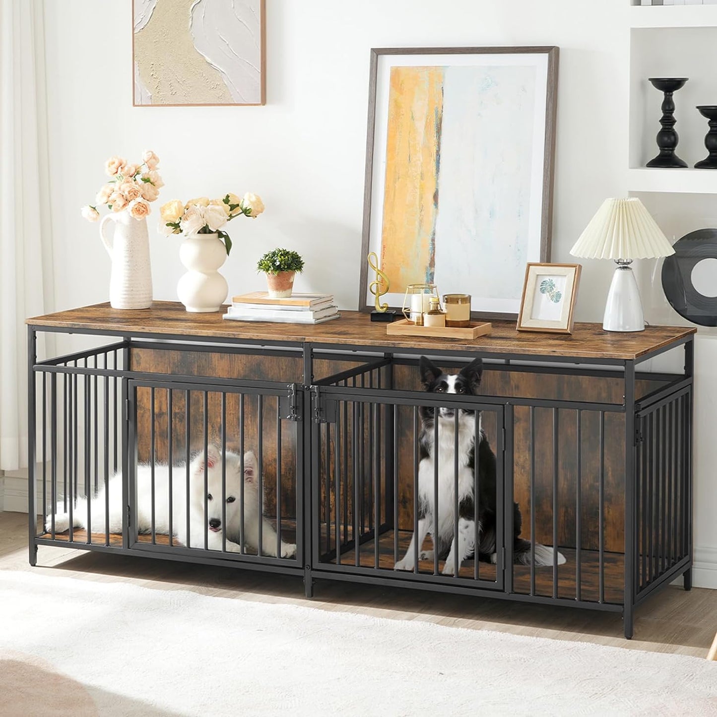 62.9" Scott Double Dog Crate Furniture For 2 Dogs