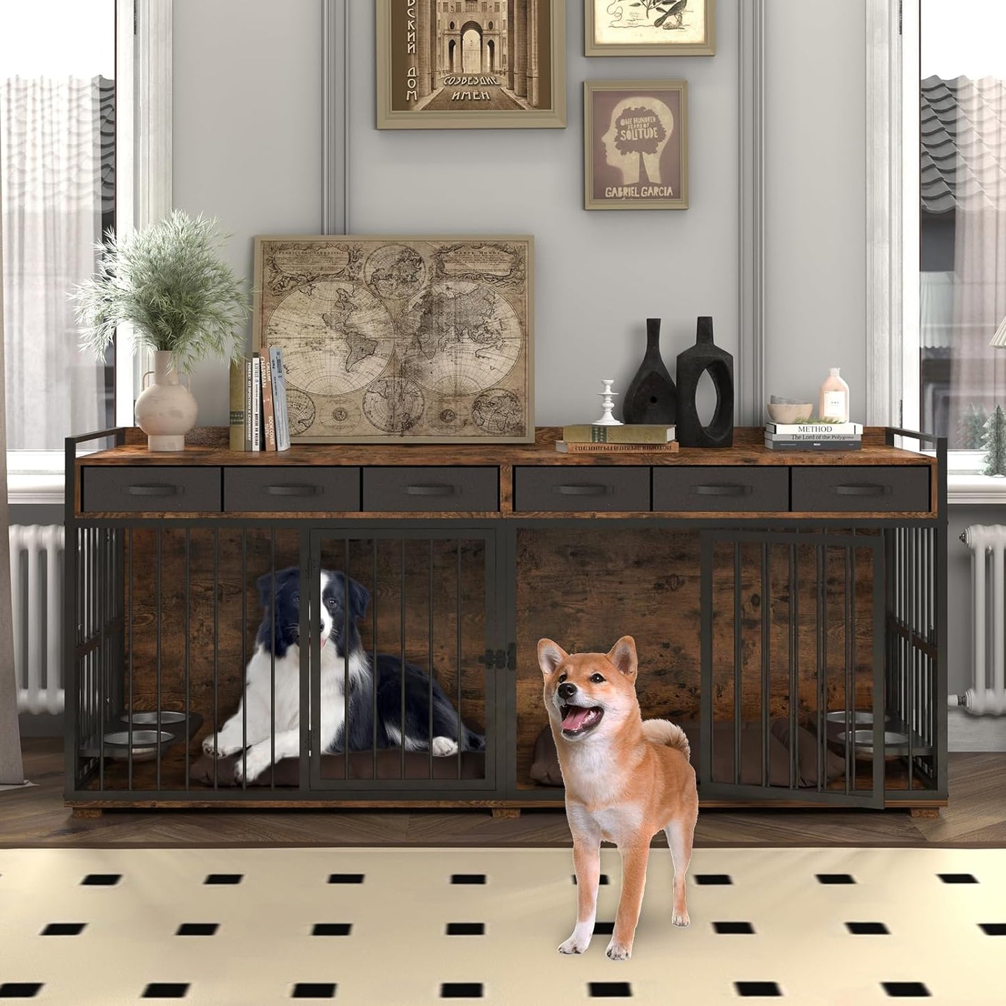 86.6" Ross Double Dog Crate Furniture For 2 Dogs
