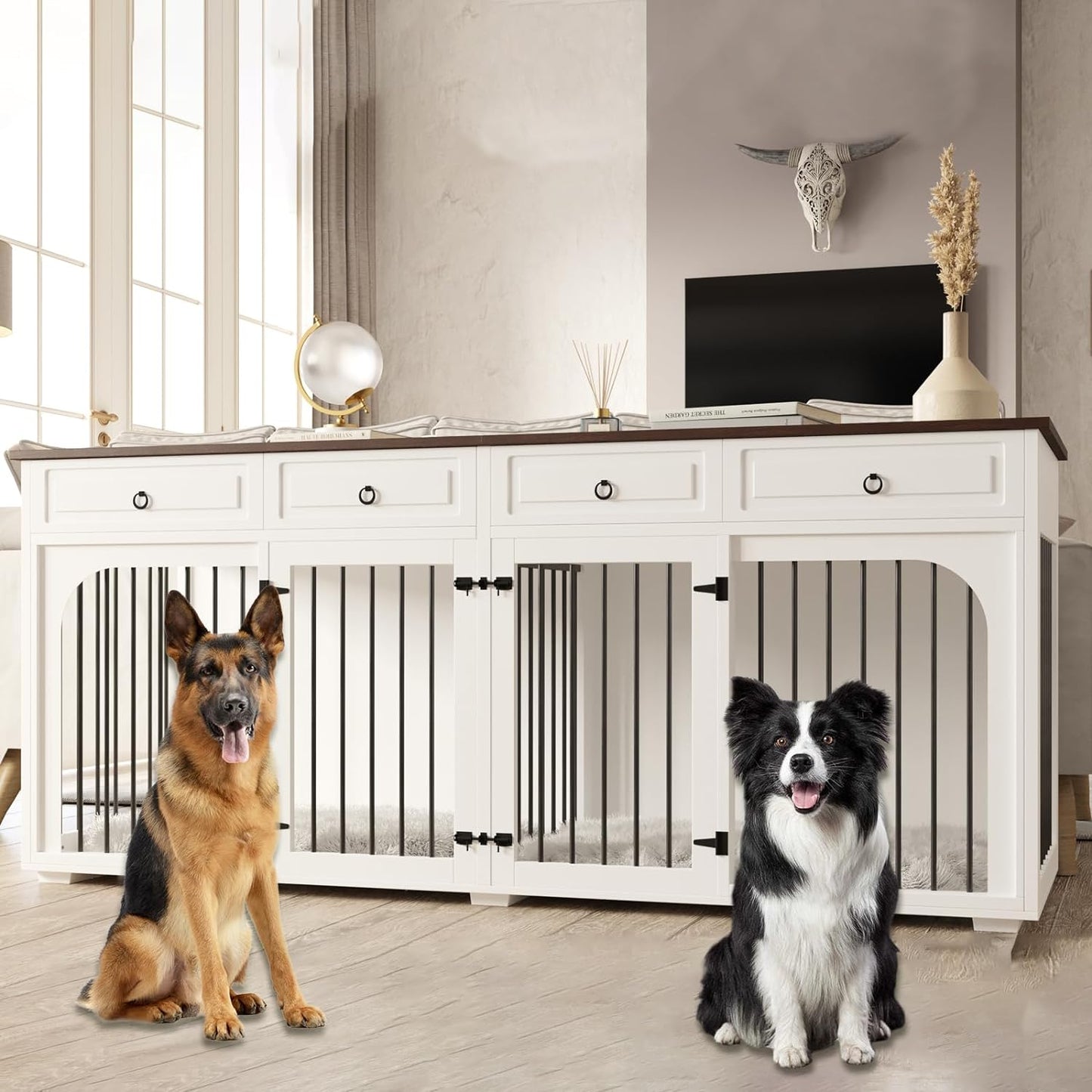 86.6" Elle Double Dog Crate Furniture For 2 Dogs