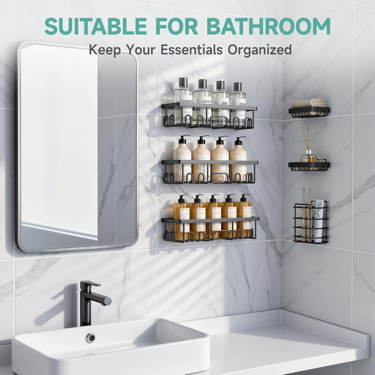 Lola Adhesive Shower Caddy 6-Pack Black