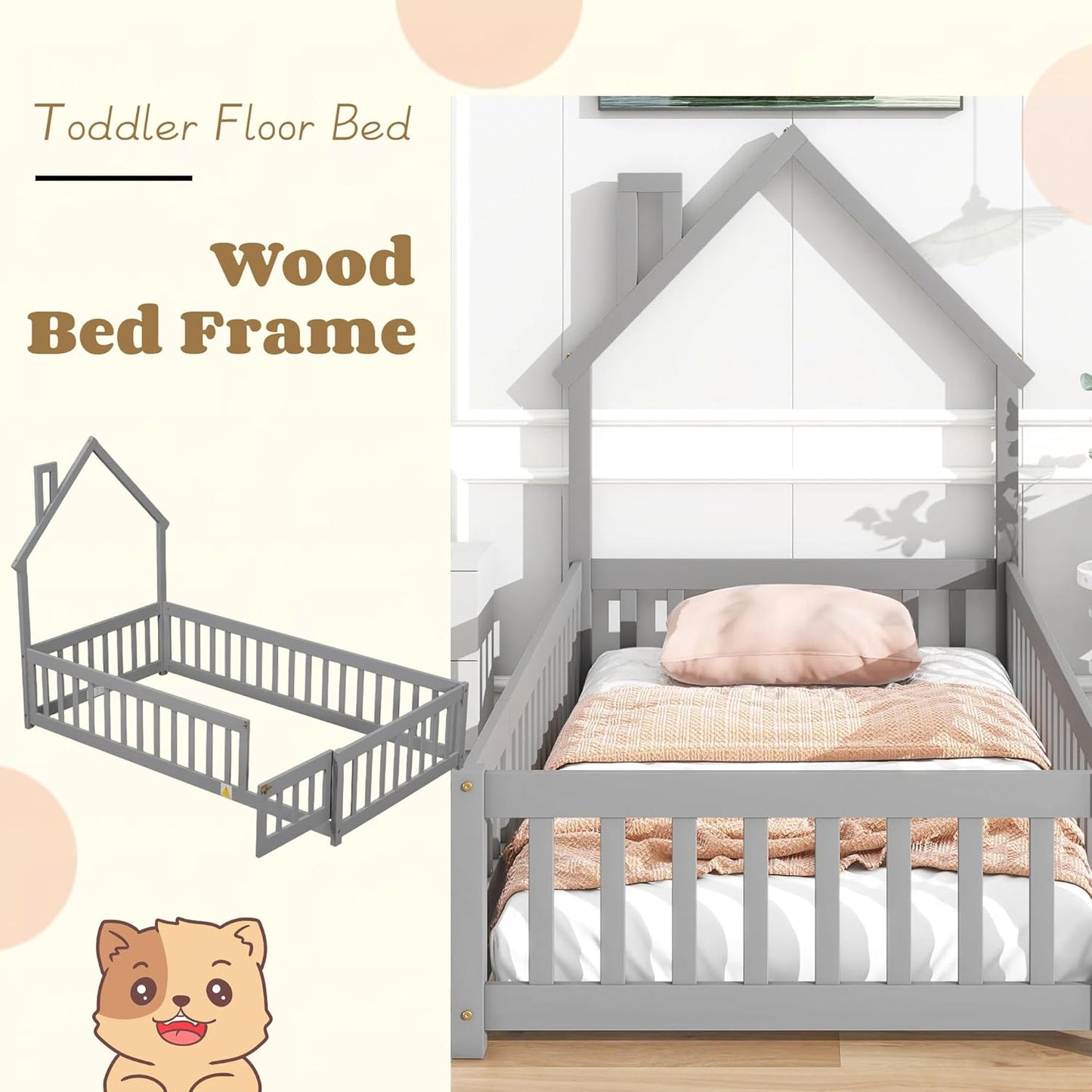 House Twin Montessori Floor Bed With Rails