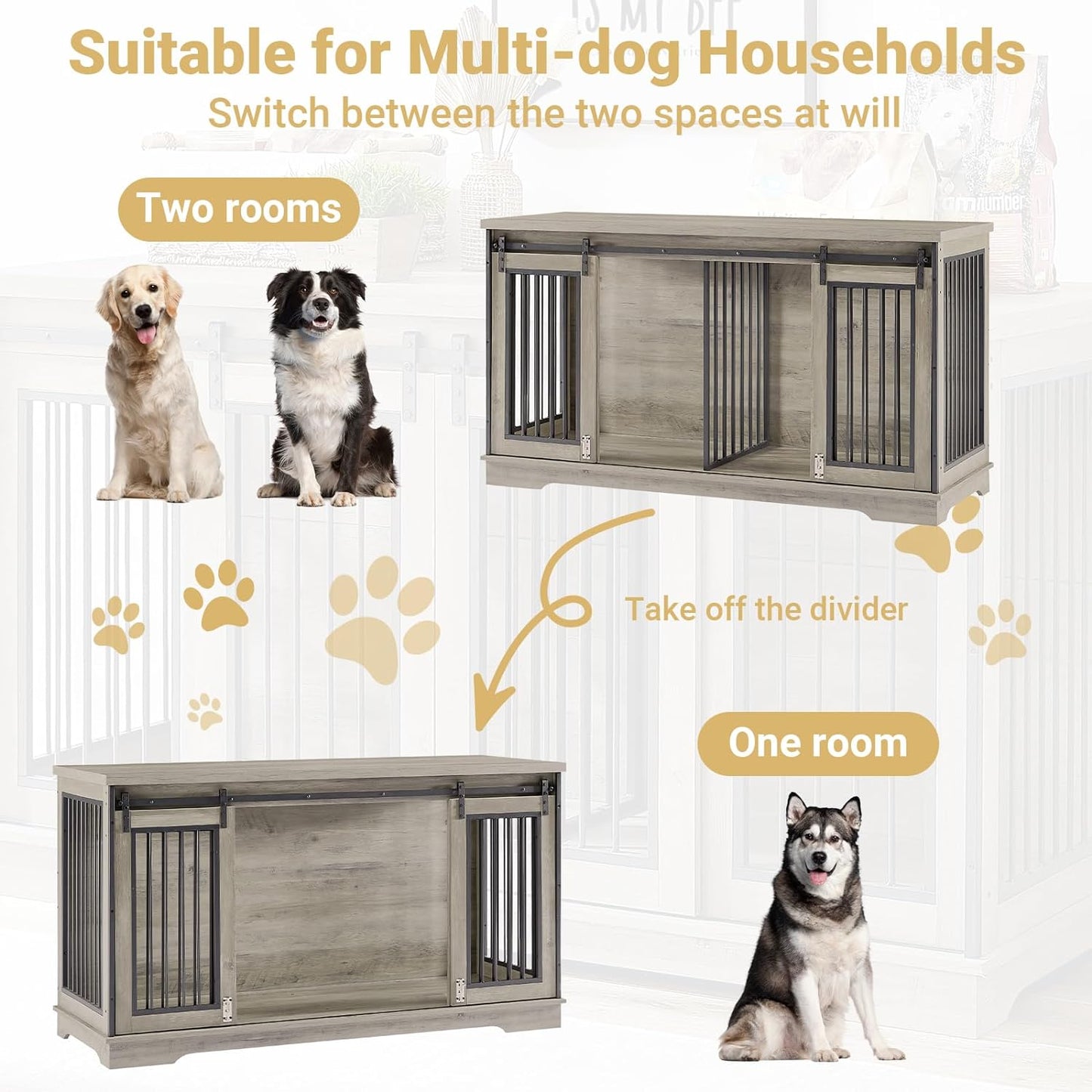 60.6" Gina Double Dog Crate Furniture For 2 Dogs