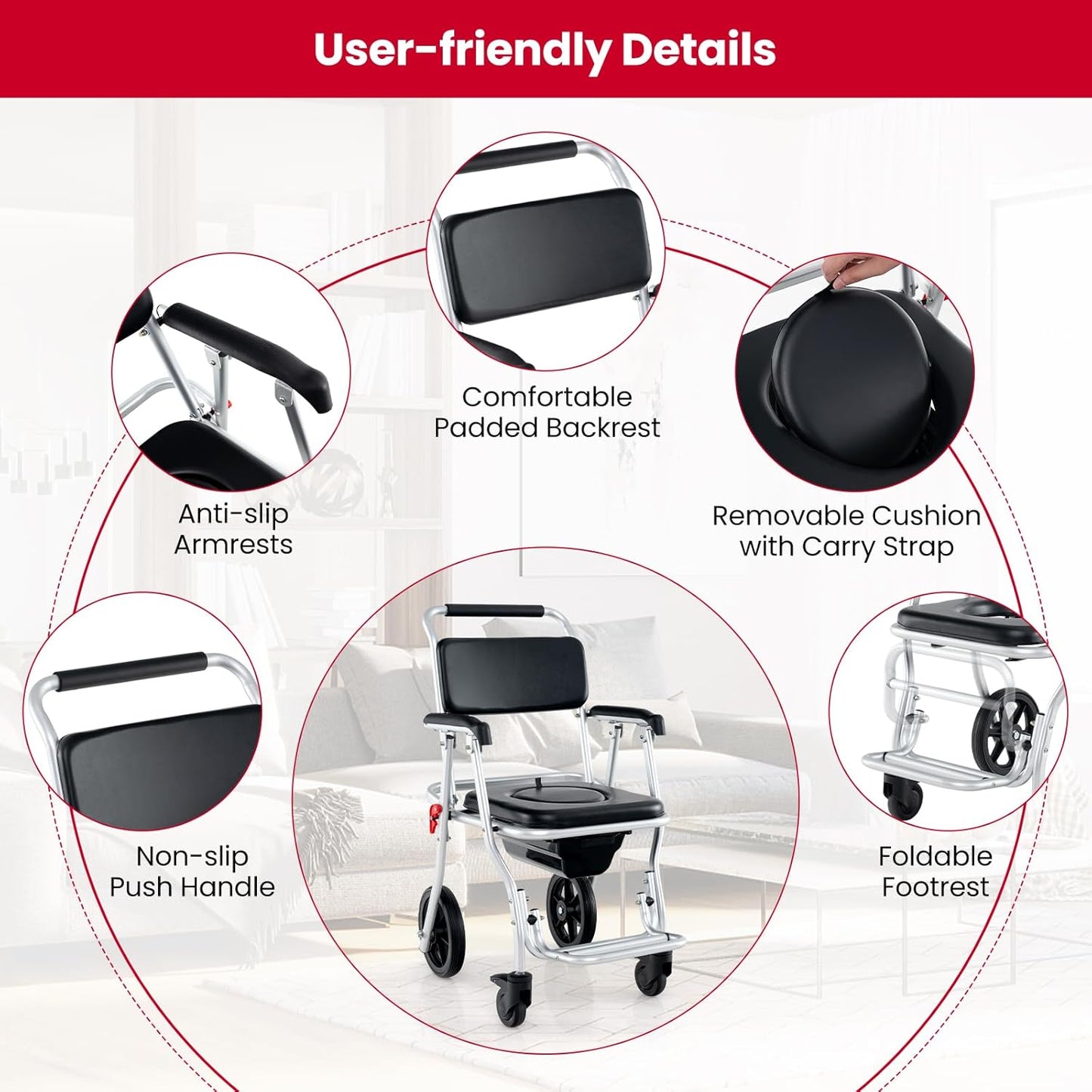 Pitts Foldable Elderly Shower Commode Wheelchair