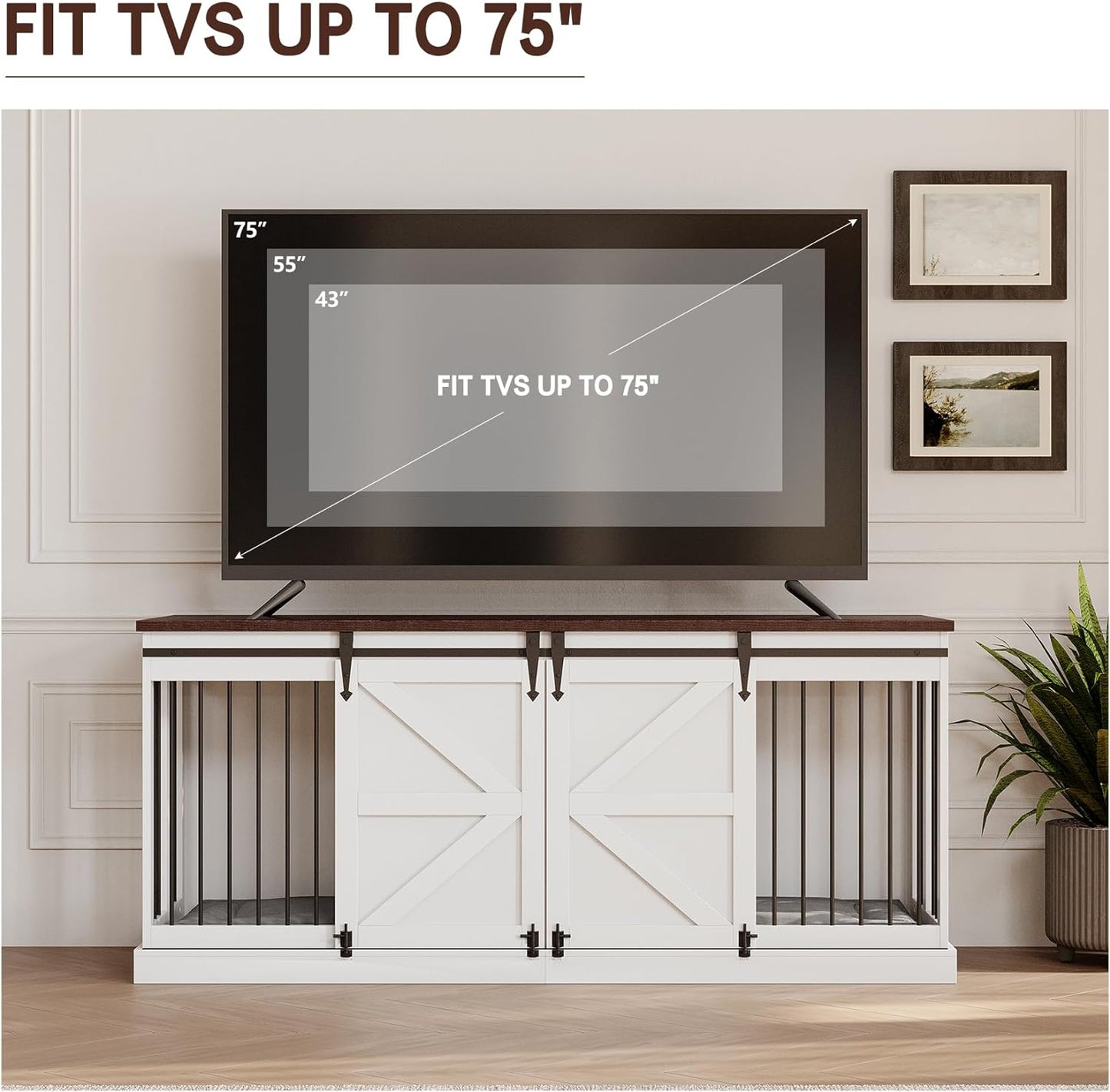 71" Farmhouse Double Dog Crate Furniture For 2 Dogs