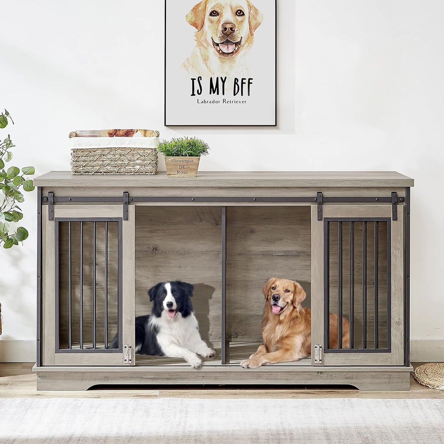 60.6" Gina Double Dog Crate Furniture For 2 Dogs