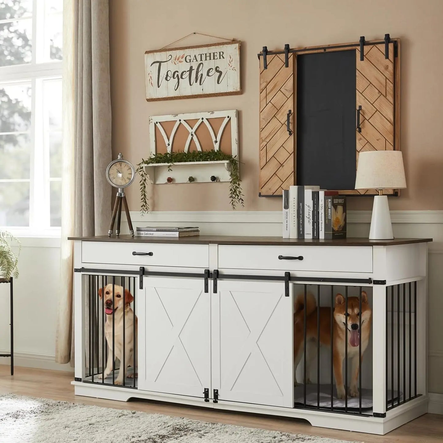 72.5" Walsh Double Dog Crate Furniture For 2 Dogs Canva Home