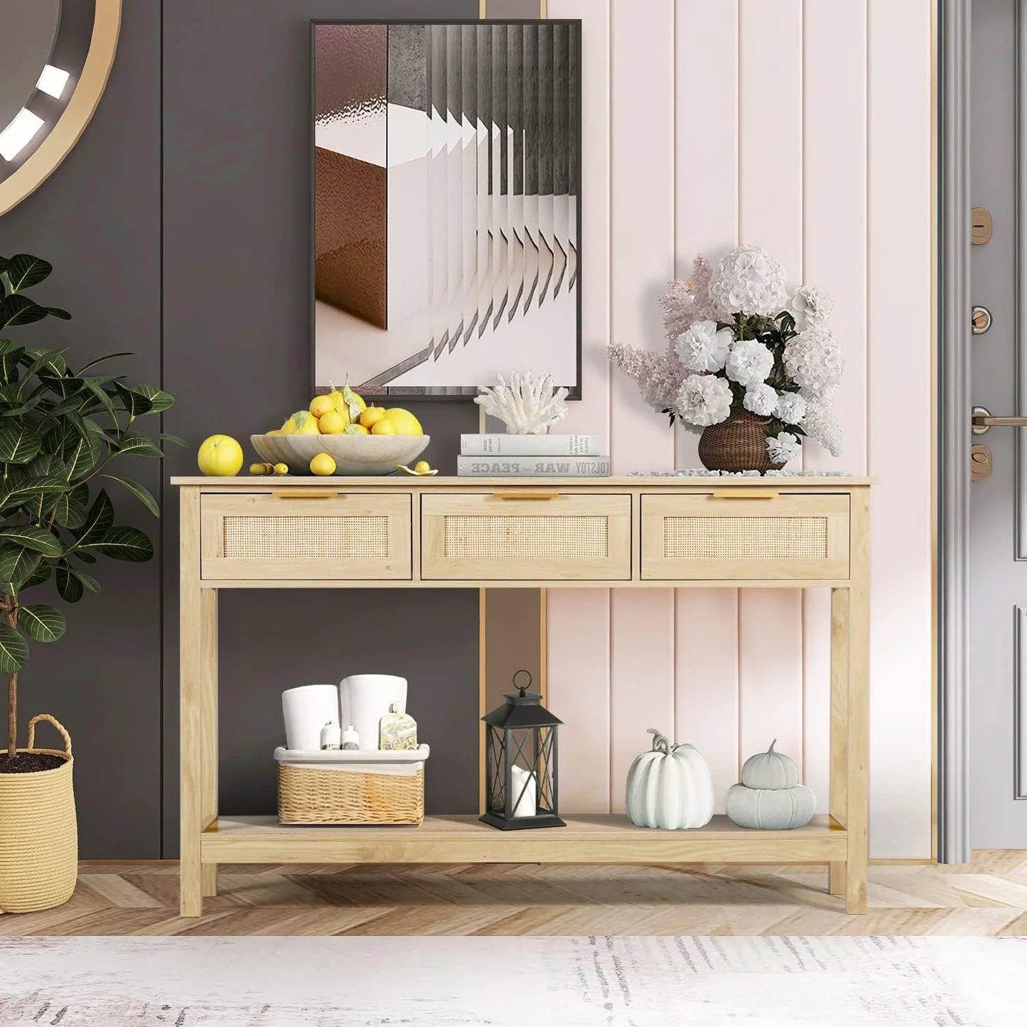 Aine Rattan Narrow Entryway Table With Storage