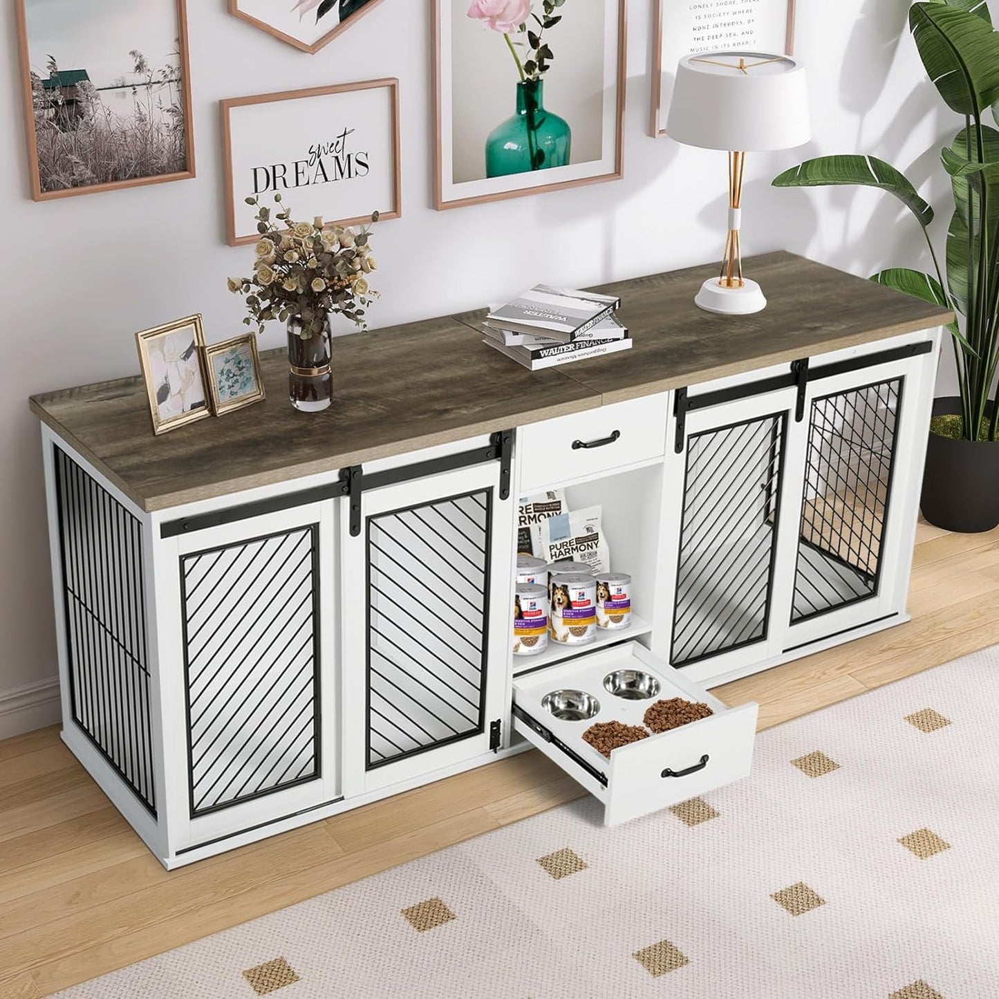 84.6" Payne Double Dog Crate Furniture For 2 Dogs With Bowl