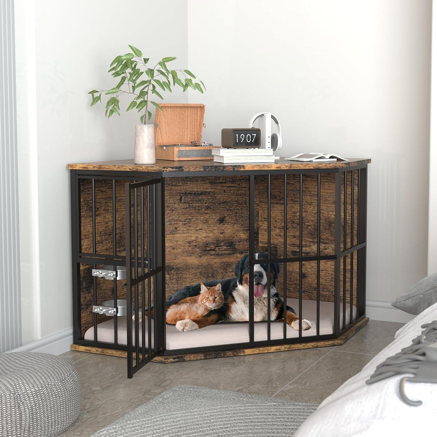52.7" Neha Large Corner Dog Crates Furniture With Bowl
