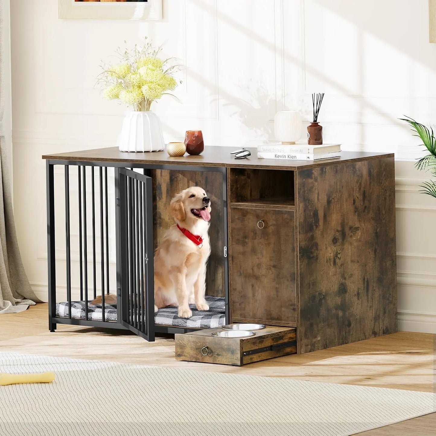 55" Keller Large Dog Crates Furniture With Bowl Canva Home