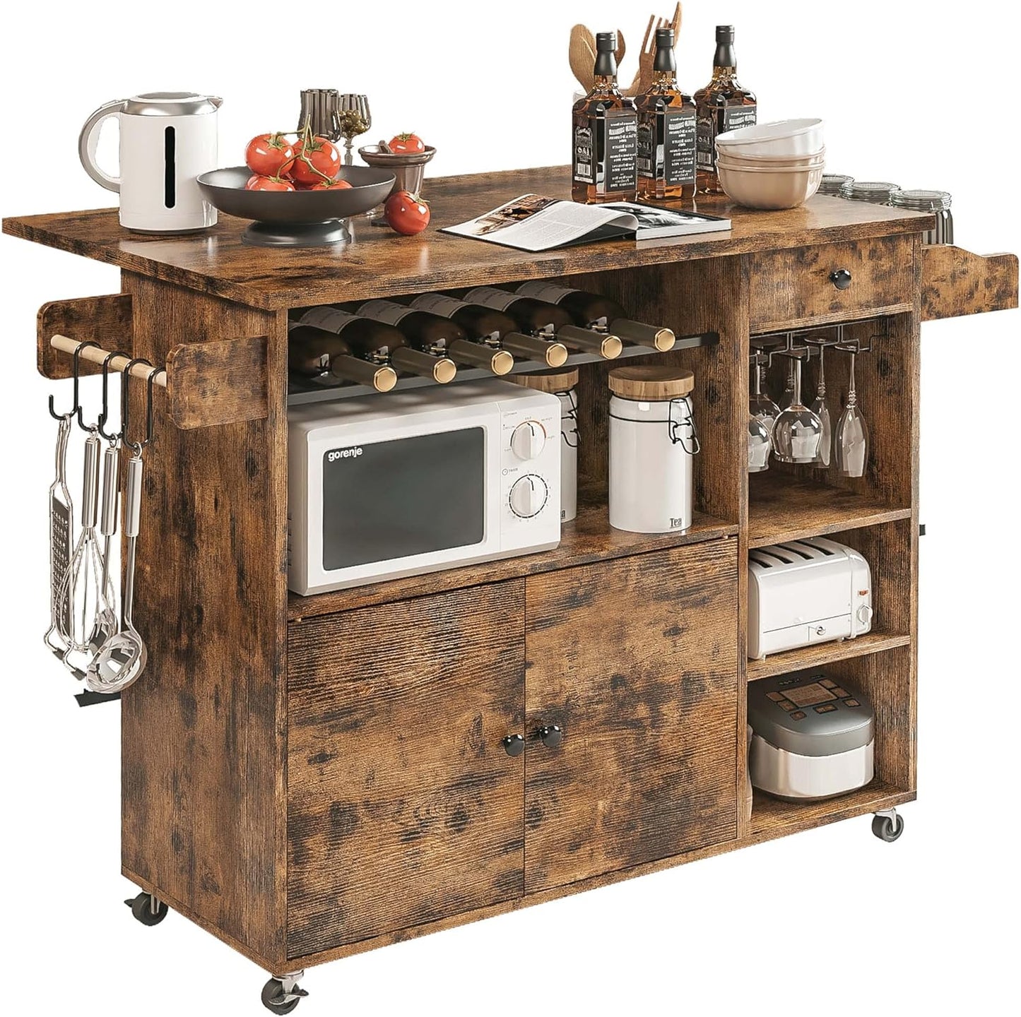 Rustic Rolling Drop Leaf Kitchen Island Cart
