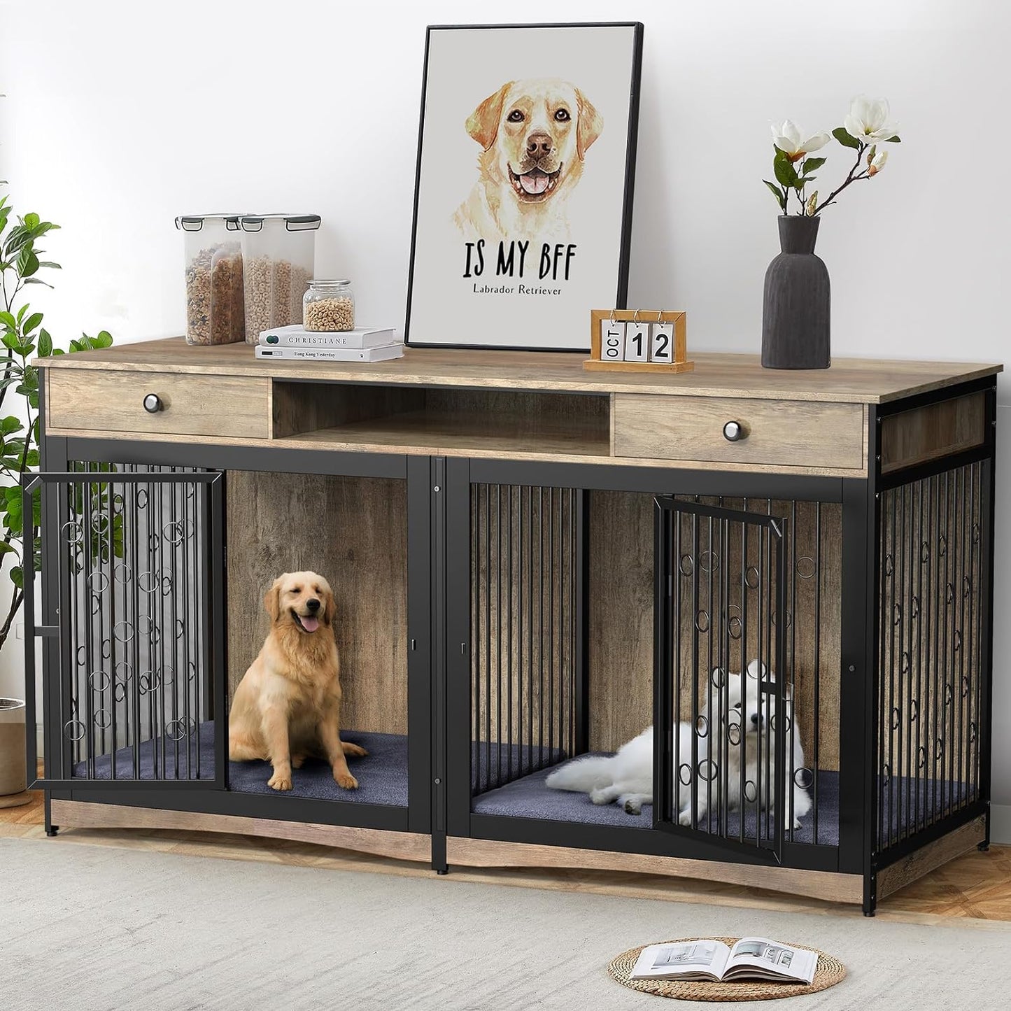 70.8" Larson Double Dog Crate Furniture For 2 Dogs