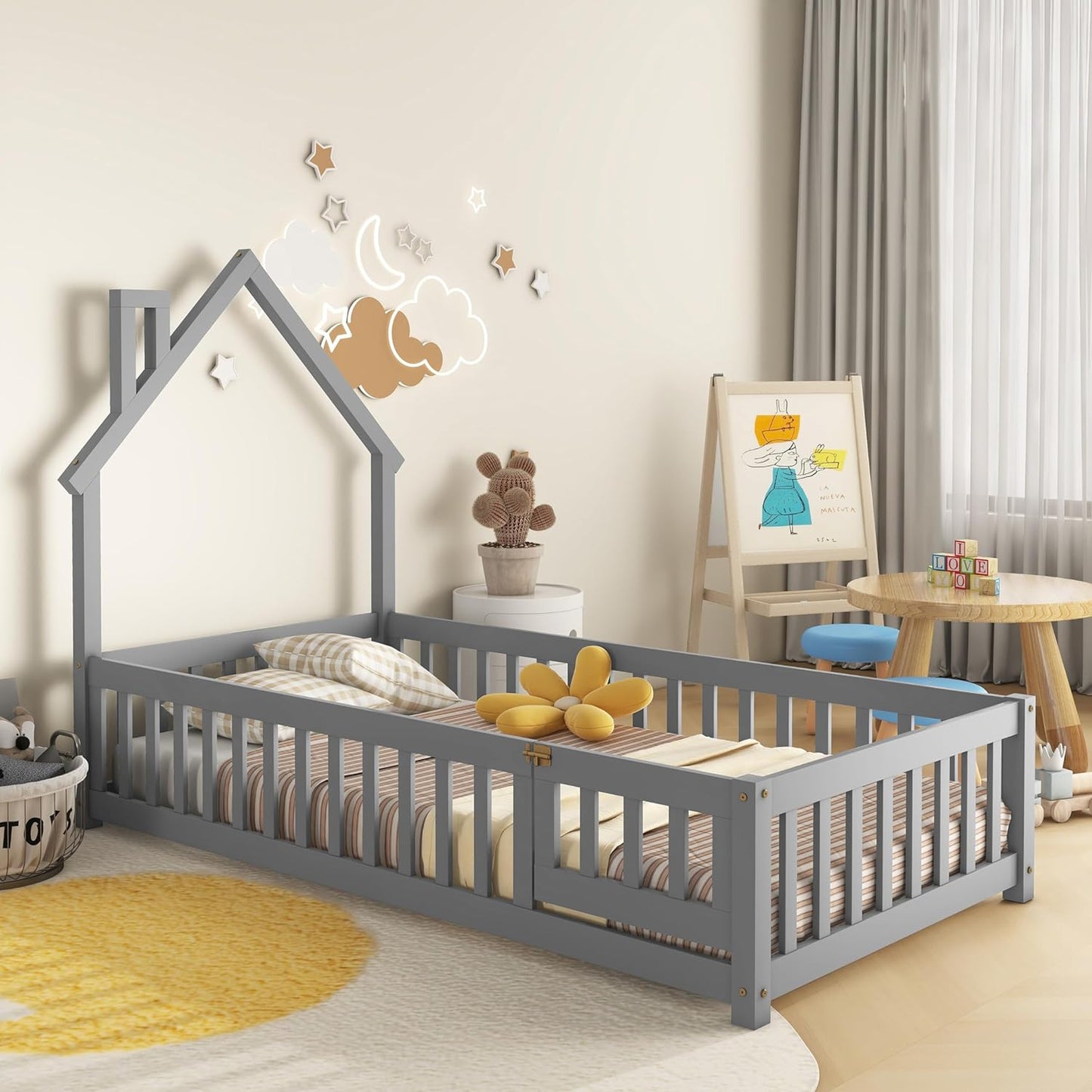House Twin Montessori Floor Bed With Rails
