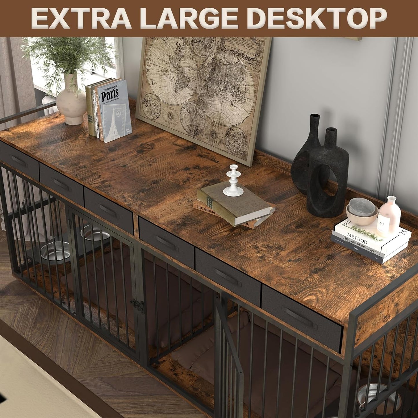 86.6" Ross Double Dog Crate Furniture For 2 Dogs