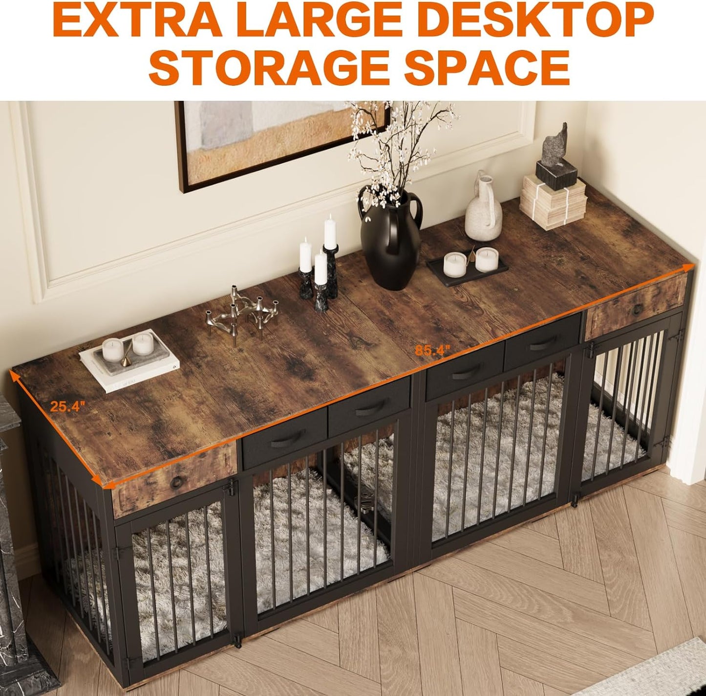 85.4" Rustic Double Dog Crate Furniture For 2 Dogs