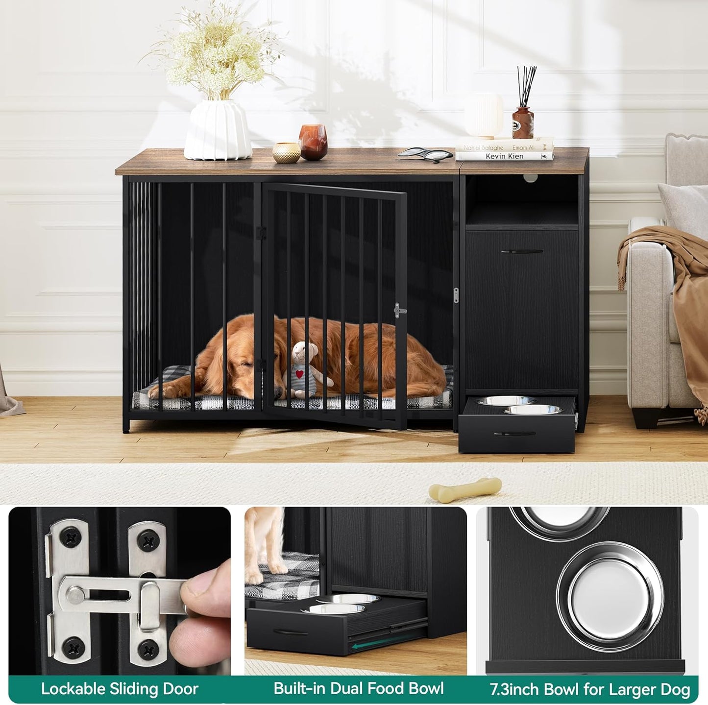 55" Keller Large Dog Crates Furniture With Bowl
