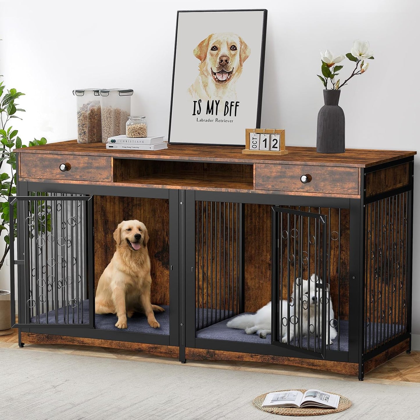 70.8" Larson Double Dog Crate Furniture For 2 Dogs