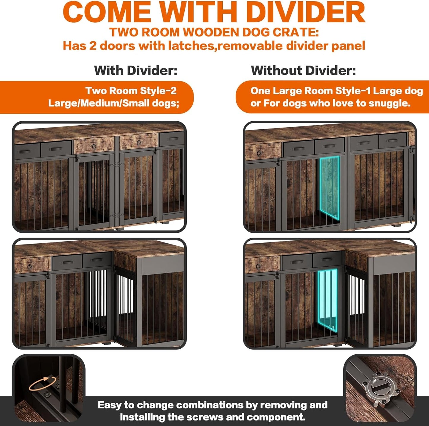 85.4" Rustic Double Dog Crate Furniture For 2 Dogs