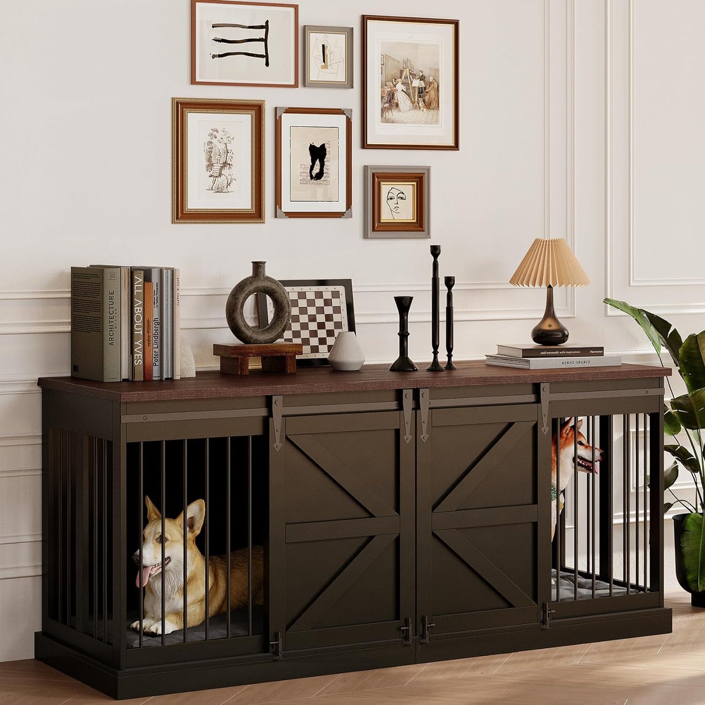 71" Farmhouse Double Dog Crate Furniture For 2 Dogs