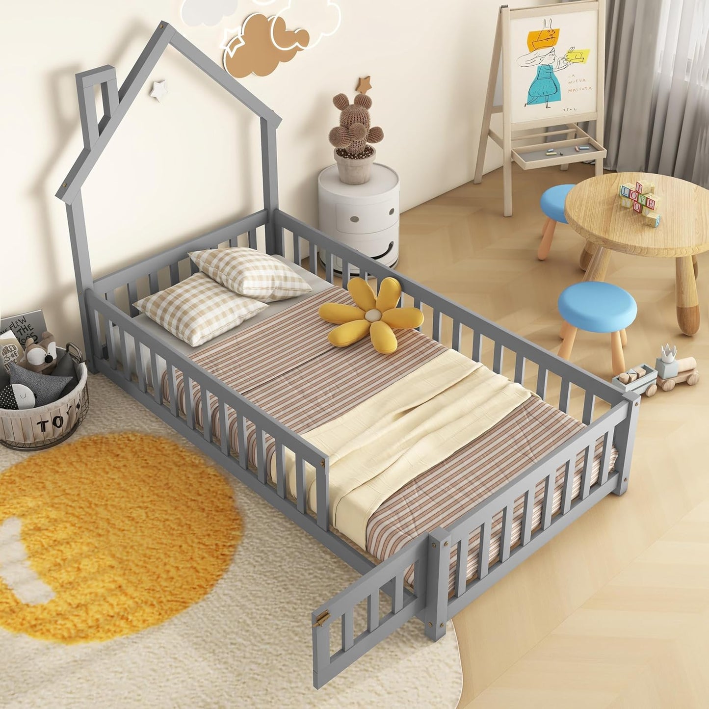 House Twin Montessori Floor Bed With Rails
