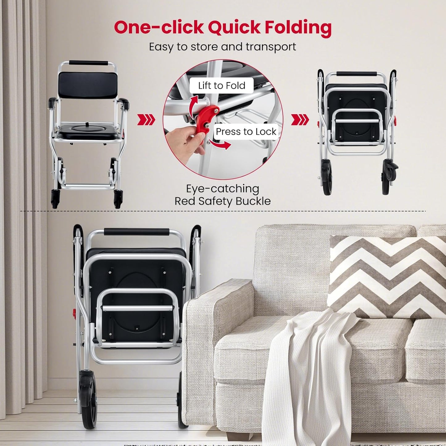 Pitts Foldable Elderly Shower Commode Wheelchair