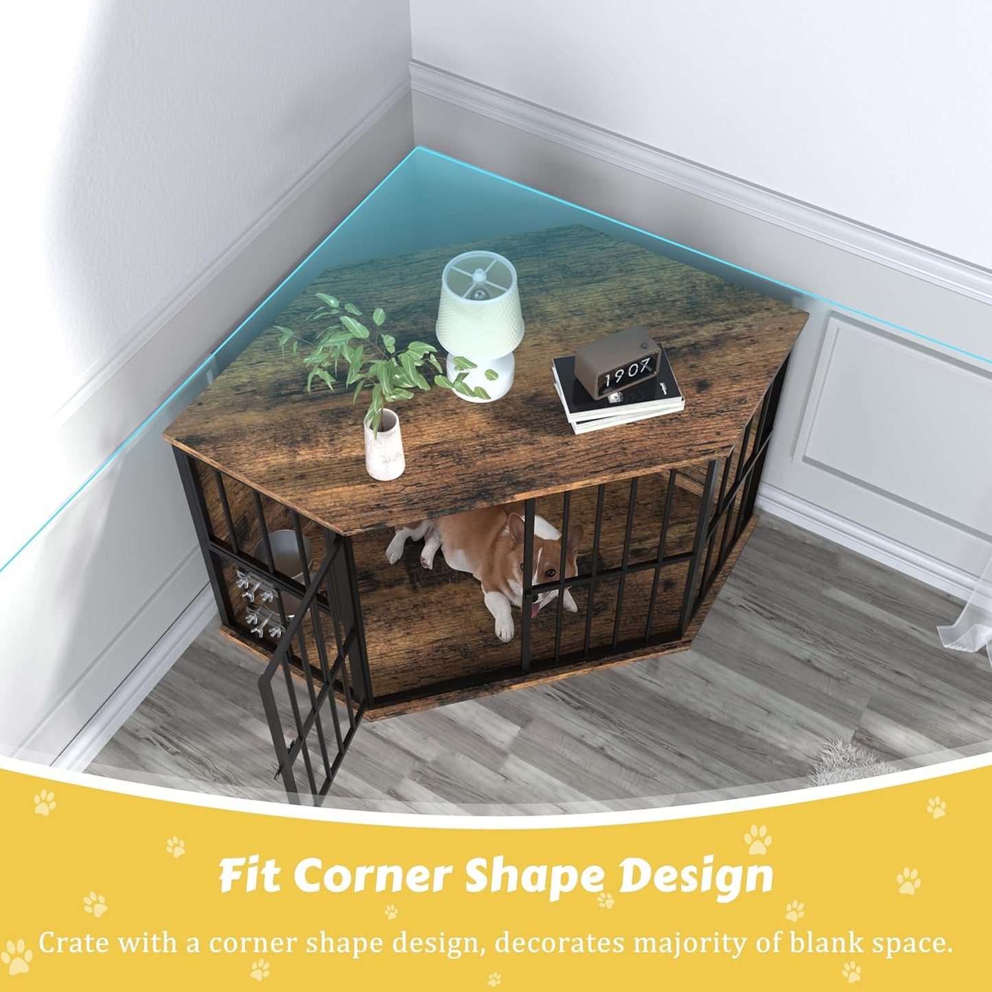 52.7" Neha Large Corner Dog Crates Furniture With Bowl
