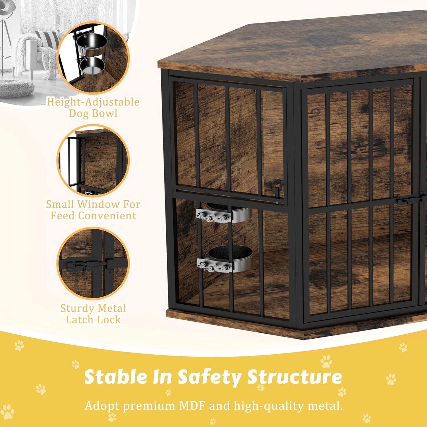 52.7" Neha Large Corner Dog Crates Furniture With Bowl