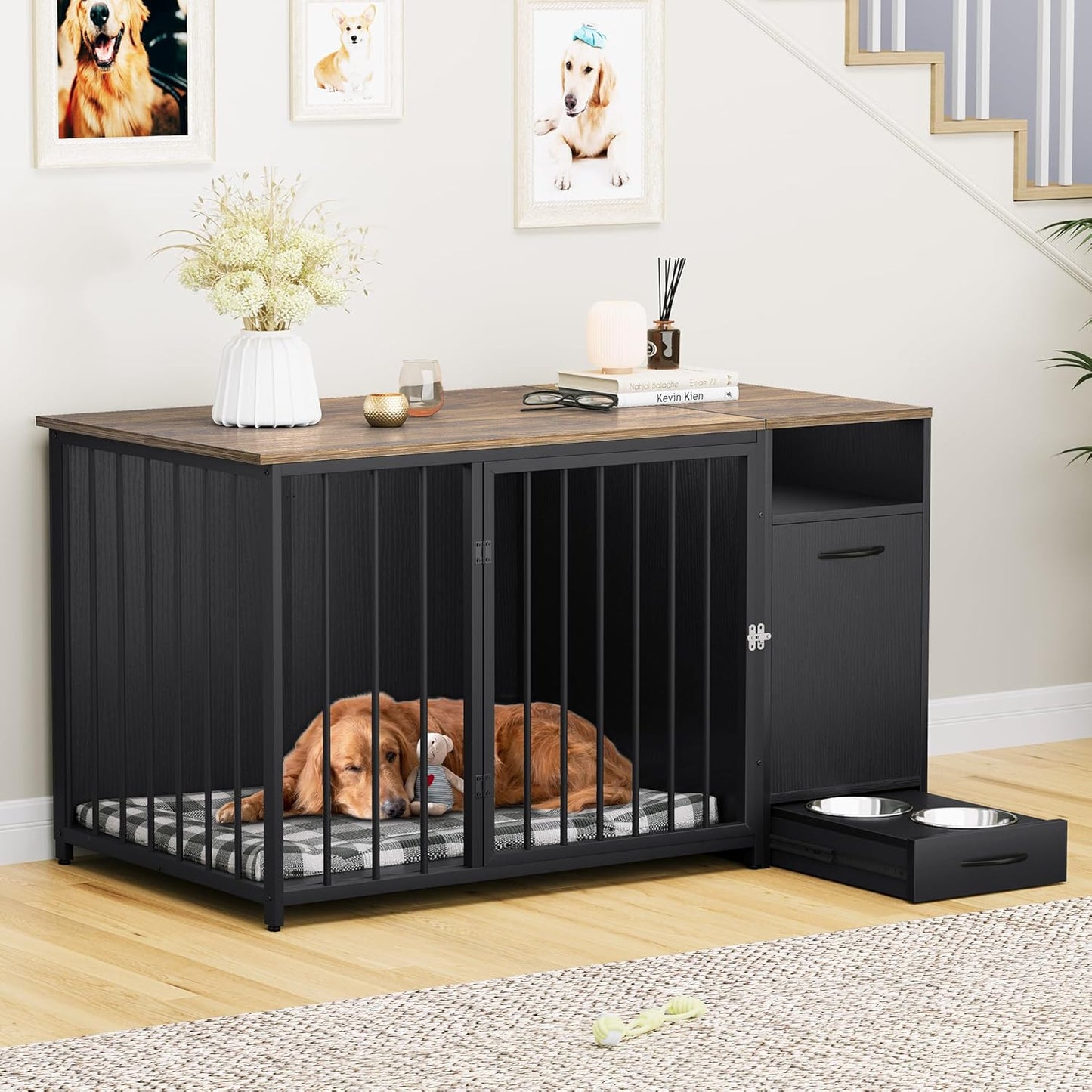 55" Keller Large Dog Crates Furniture With Bowl
