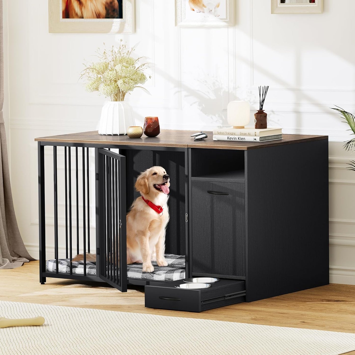 55" Keller Large Dog Crates Furniture With Bowl