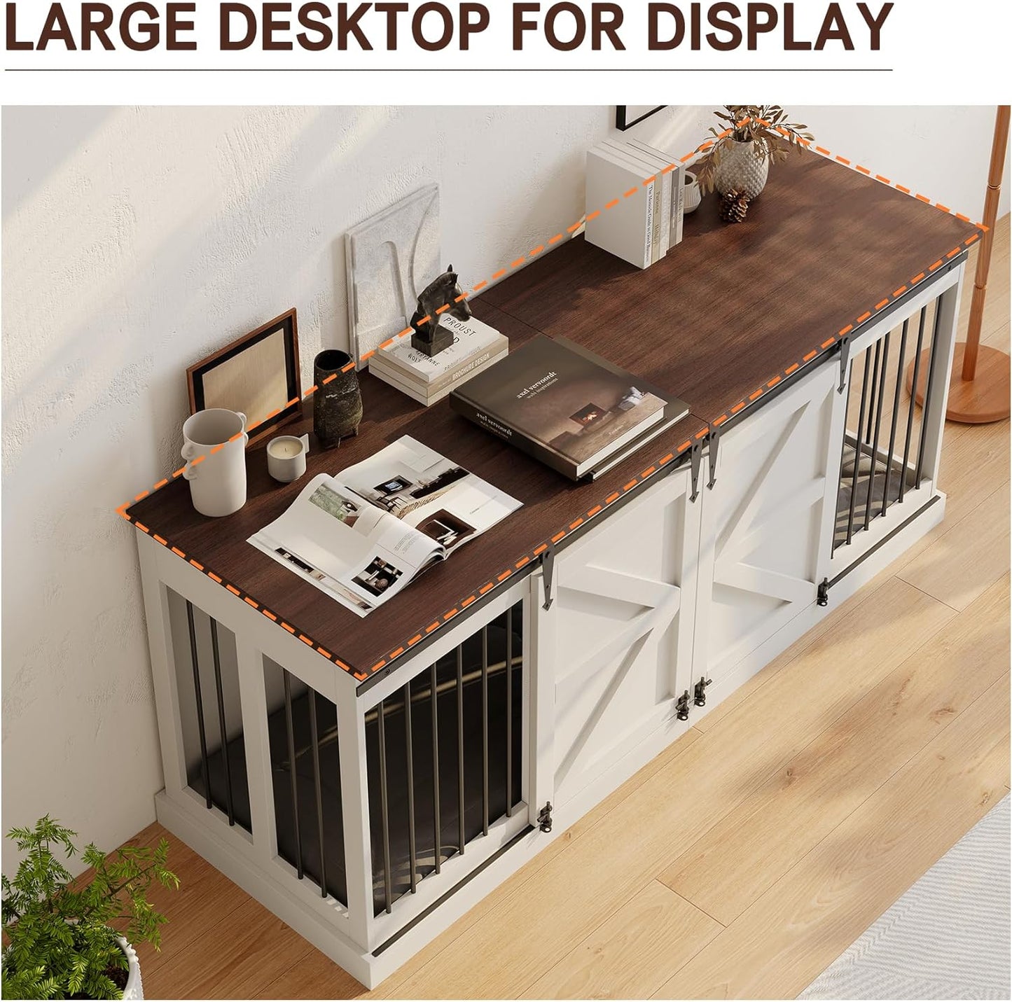 71" Farmhouse Double Dog Crate Furniture For 2 Dogs