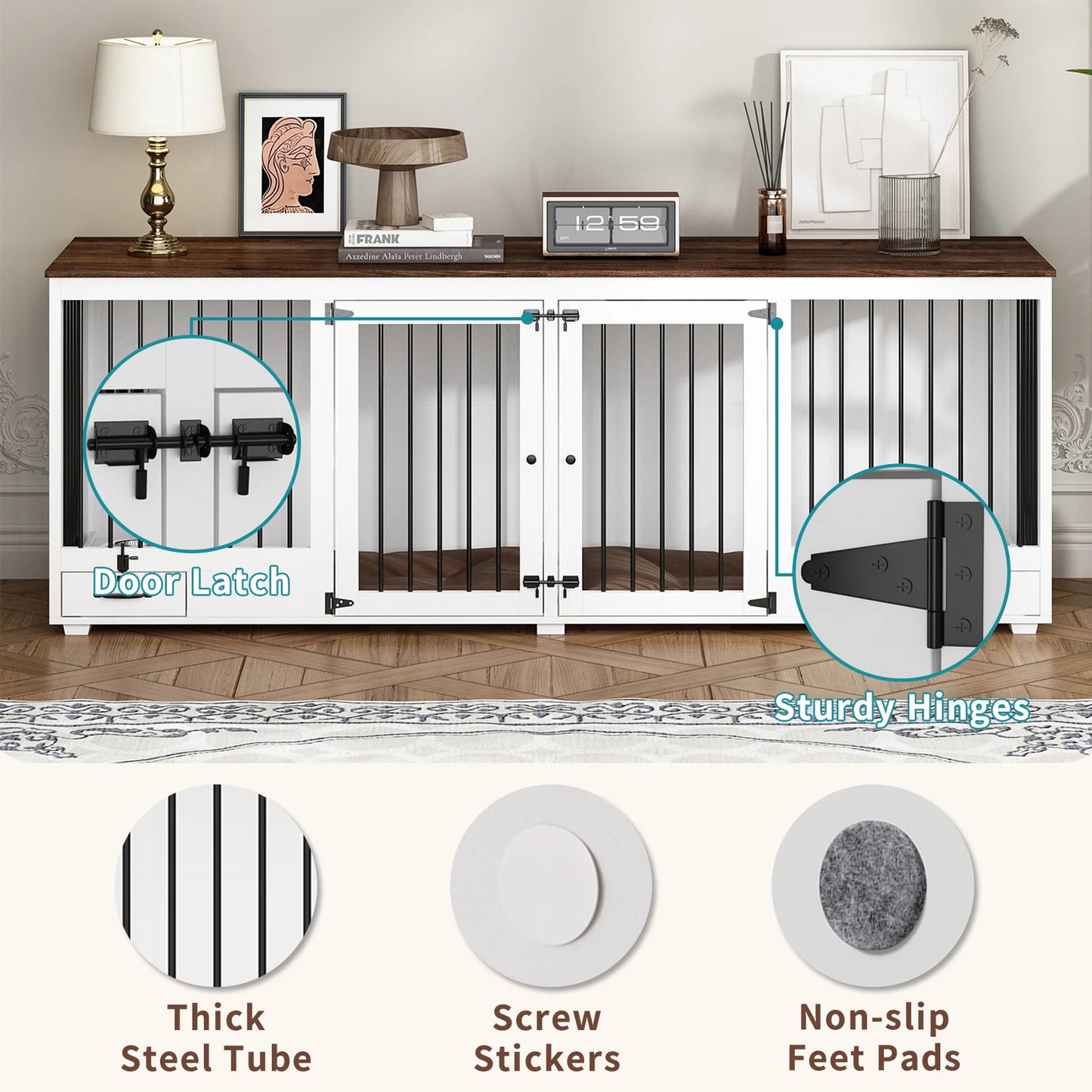 86.6" Angus Double Dog Crate Furniture For 2 Dogs With Bowl