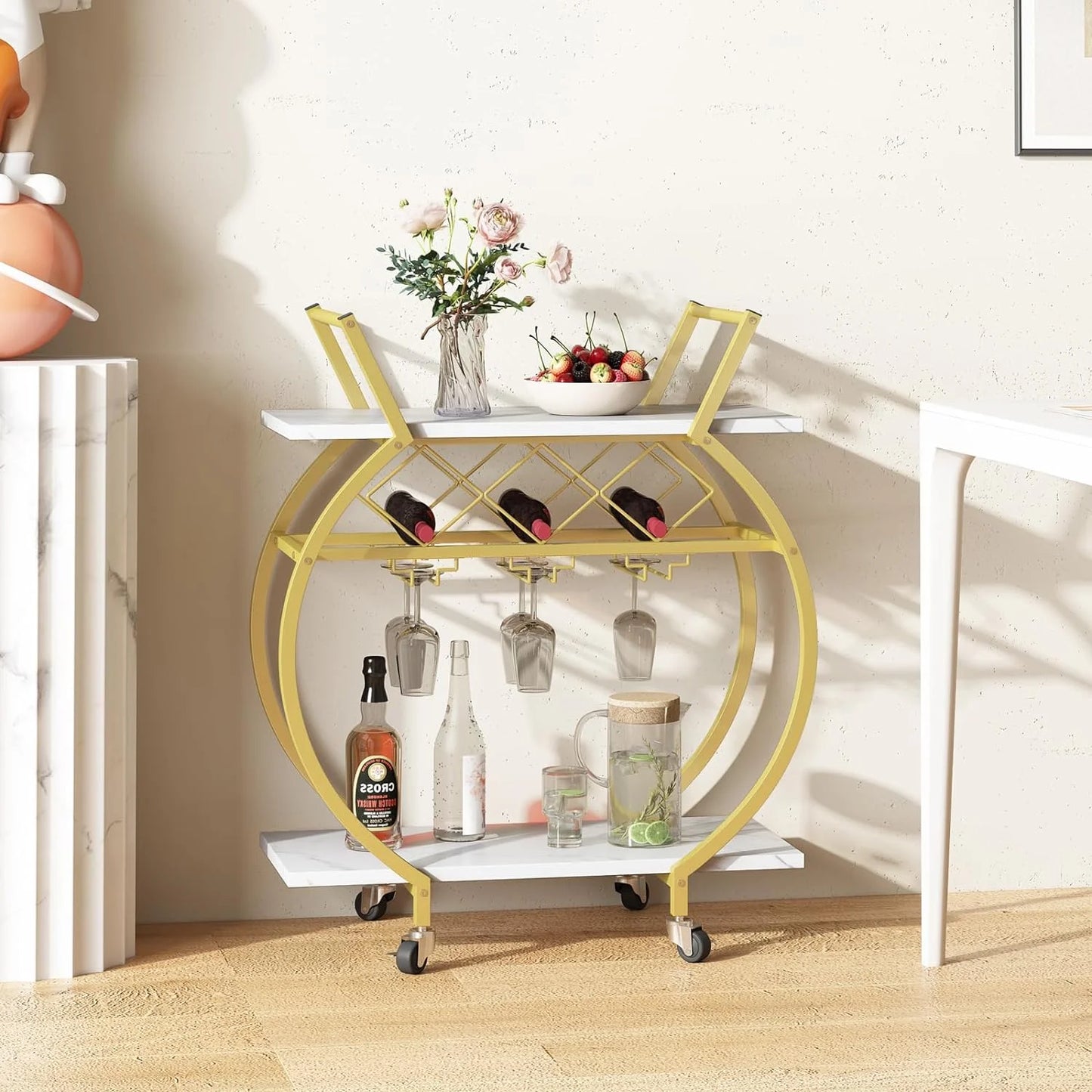 Gold Metal Rolling Beverage Bar Cart
