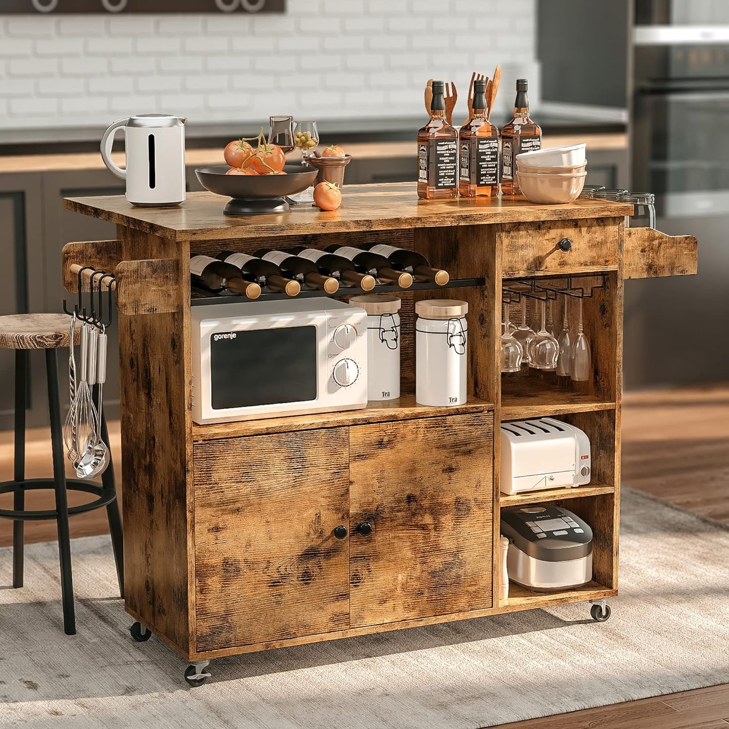 Rustic Rolling Drop Leaf Kitchen Island Cart