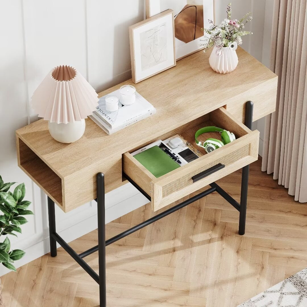 Lara Rattan Narrow Entryway Table With Storage
