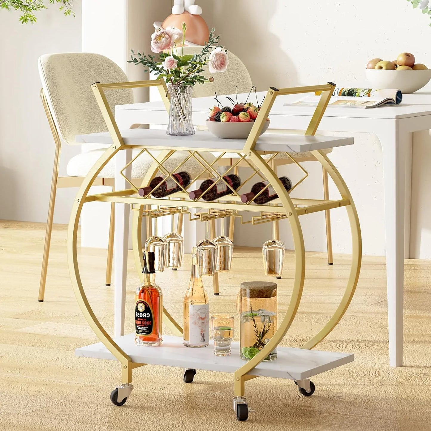 Gold Metal Rolling Beverage Bar Cart